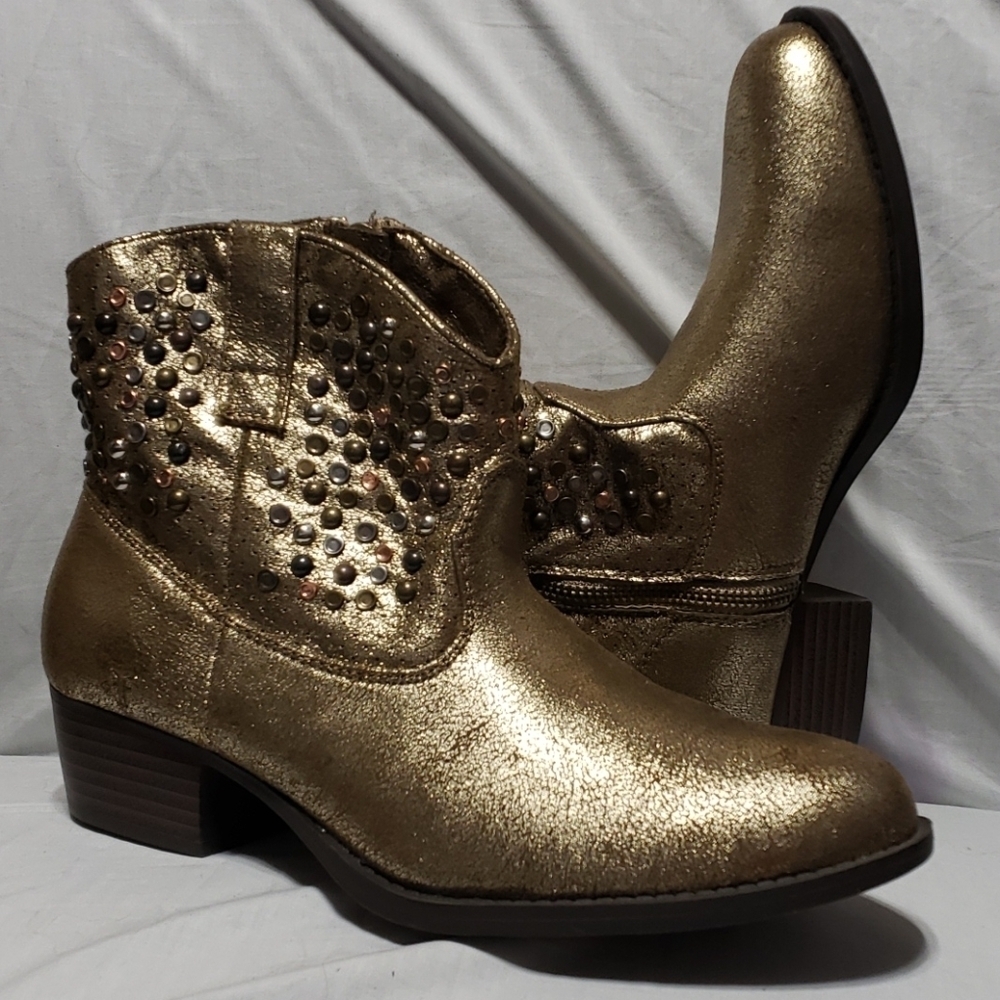 Frye Deborah studded gold ankle boots cowboy heel